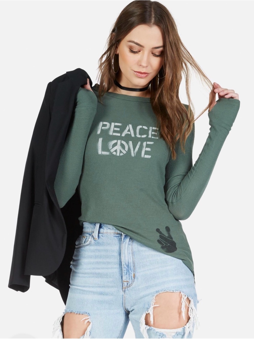 Lauren Moshi Olive Green MCKINLEY PEACE LOVE SPRAY Size L